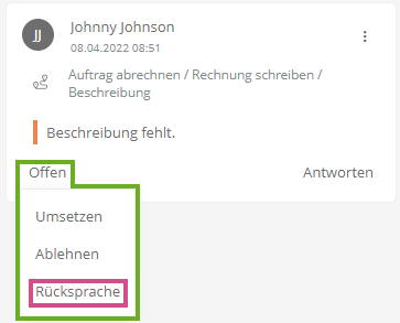 Neuer Status in einer Kommentarkarte